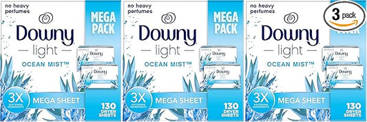 Downy Light Mega Dryer Sheets, Laundry Fabric Softener, Ocean Mist, 130 Count (Pack of 3)
