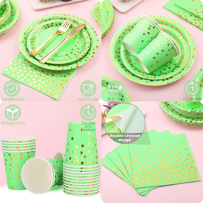Green Paper Plates, 168 Pcs Lime Green Plates and Napkins Party Supplies, Birthday Plates Serve 24, for St Patricks Day, Graduation Party Decorations