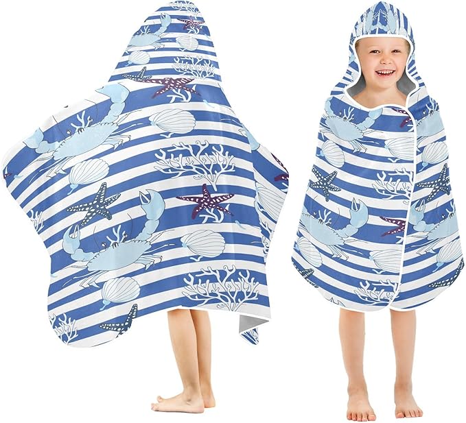 CEBUGI Shell Starfish Hooded Bath Towel for Kids Absorbent Soft Bath Towel Wrap with Hood 50x23.5in Pool Beach Shower Towel for Boys Girls