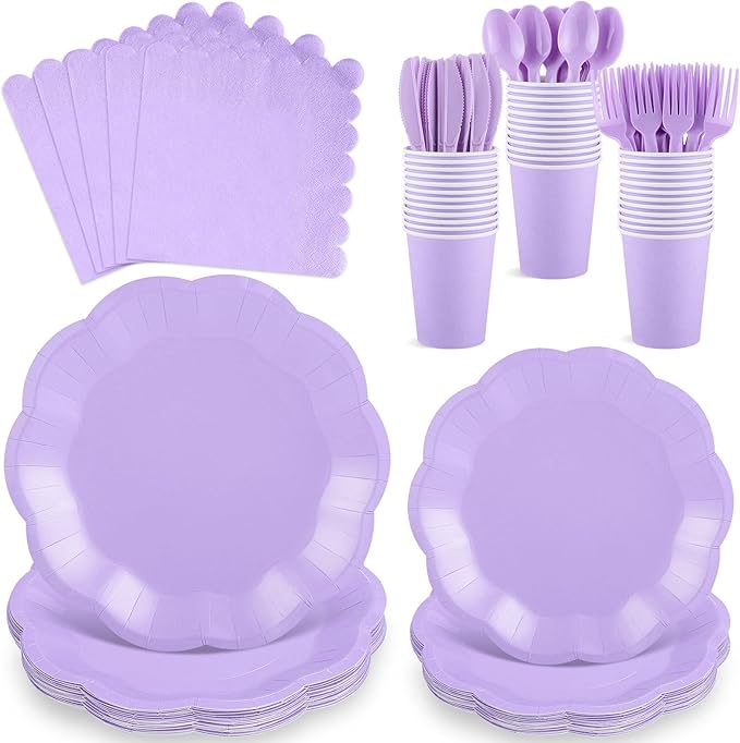 175 Pcs Light Purple Plates and Napkins Set, 25 Guest Purple Party Supplies Include Scalloped Plate Paper Napkin Cup Forks Knives Disposable Plastic Cutlery for Wedding Baby Shower Birthday Party