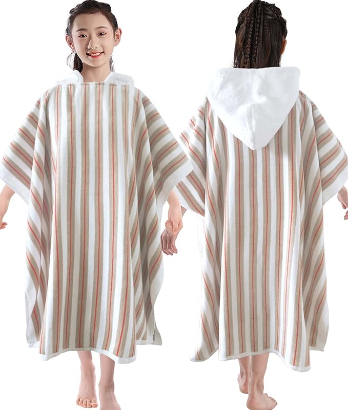 VOOVA & MOVAS Hooded Poncho Towel for Teens Unisex 100% Cotton Cozy Breathable Beach Camping Bath Cover Up Beige Red Stripe