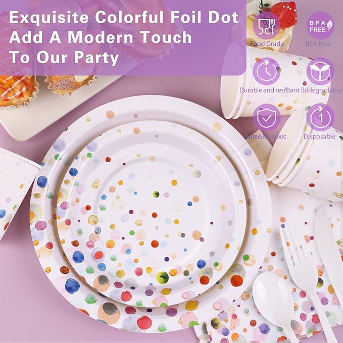 Colorful Birthday Plates and Napkins 168PCS Happy Birthday Party Plates Set for Holiday Party Supplies Bubble Decorations,Confetti Colorful Paper Plates Disposable Tableware Serve 24