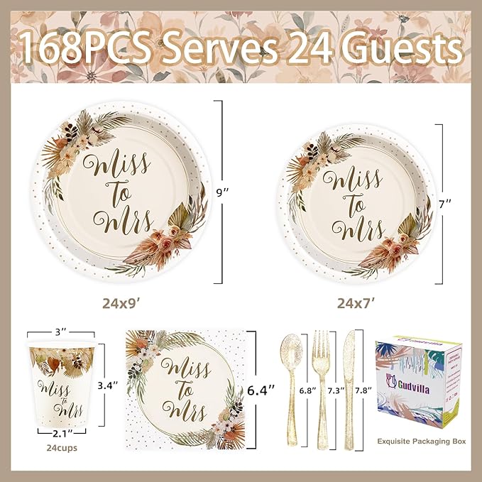 Boho Bridal Shower Decorations, 168Pcs Bridal Shower Plates and Napkins Sets Serve 24, Miss to Mrs, Love is In Bloom, Love is Brewing, Bride To Be, Bachelorette, Fall in Love Wedding Shower