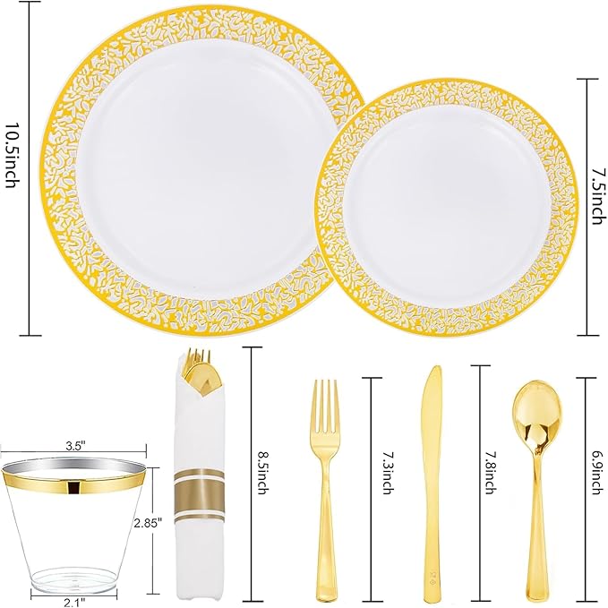 WELLIFE 175Pcs Gold Dinnerware Sets, Include:25 Dinner Plates, 25 Dessert Plates, 25 Paper Napkins, 25 Cups, 25 Plastic Cutlery Set