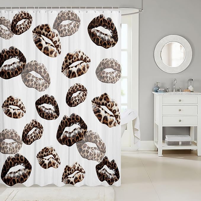 Feelyou Leopard Print Lips Shower Curtain for Bathroom Decor Romantic Kissing Lips Bath Curtain for Stalls Bathtubs Cheetah Print Bathroom Accessories Waterproof Polyester with 12 Hooks 72"x84"