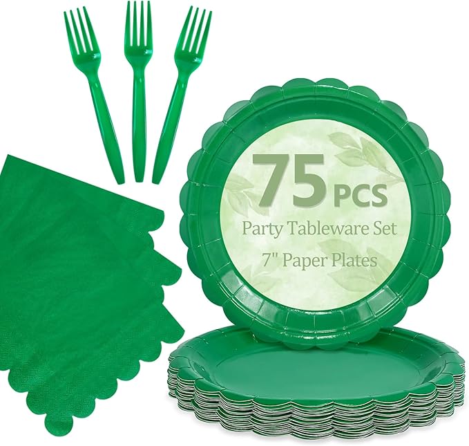 Mulbozy 75 Green Plates and Napkins Disposable Set Includes 25 Dessert Cake Scalloped Plates, Cocktail Napkins & Forks, for Fork 25 Guests Holiday Party Supplies.