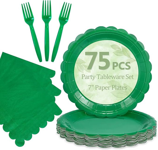 Mulbozy 75 Green Plates and Napkins Disposable Set Includes 25 Dessert Cake Scalloped Plates, Cocktail Napkins & Forks, for Fork 25 Guests Holiday Party Supplies.