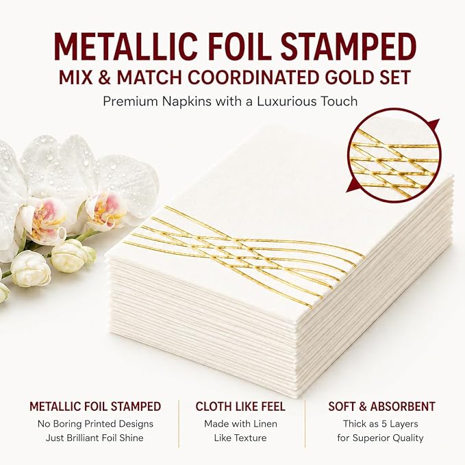 By Madee HEAVYWEIGHT Fancy Plastic Dinnerware Sets – White and Gold Disposable Plates, Premium Cutlery & Linen-Like Napkins | Elegant Disposable Dinnerware Set - 175 Pc for 25 Guests