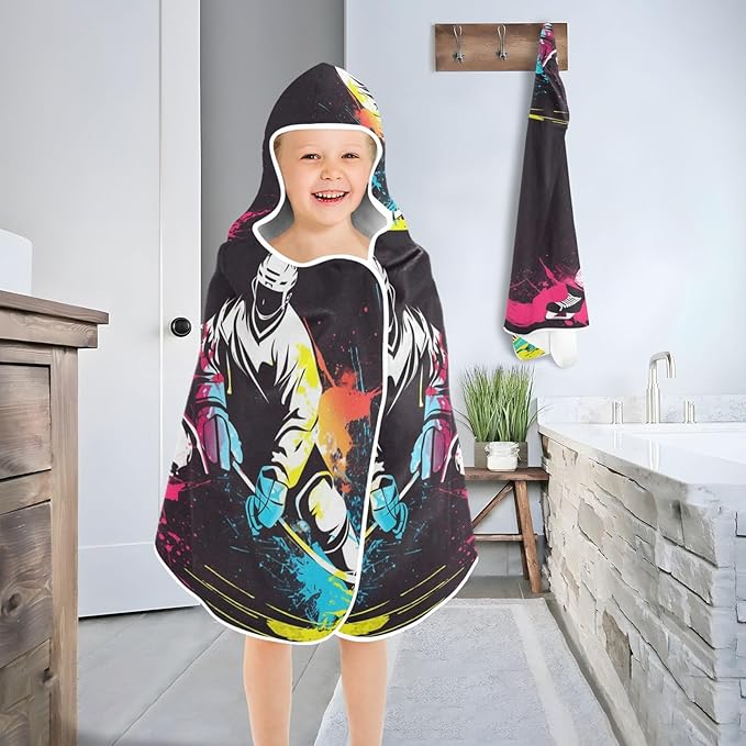 Hooded Towel for Kids Colorful Hockey Player Beach Wrap Bath Towels 50x23.5in