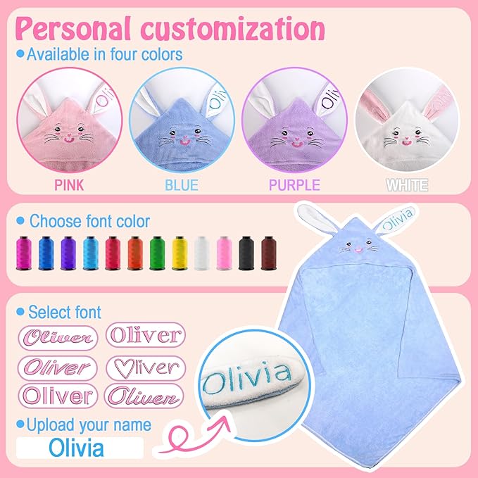 Baosity Custom Hooded Baby Towel with Name, Soft Absorbent Toddler Towel, Bunny Baby Bath Towels for Girls Boys, Personalized Easter Brithday Christmas for Baby, Toddler, Newborn Essential