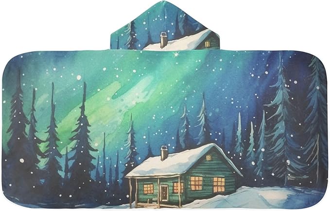 Hooded Towel for Kids Forest Winter House and Aurora Beach Wrap Bath Towels 50x23.5in