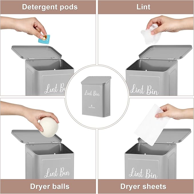 SUBEKYU Metal Magnetic Lint Bin for Laundry Room, Wall Mounted Lint Box Holder with Lid for Dryer,Light Grey