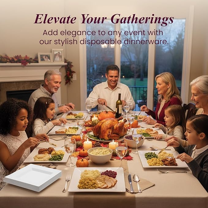 Aya's Cutlery Kingdom 200 Square Disposable Plates - White, Heavy-Duty 100 Plastic Dinner Plates (10-Inch) and 100 Salad Appetizer (7-Inch) for Weddings, Thanksgiving, Parties, Celebrations, Christmas