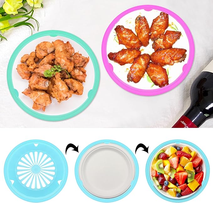 EBIGIC Paper Plate Holders 4 Packs with Snap-in Grooves 10.5 Inch Plastic Paper Plate Holders Reusable 4 Color Heavy Duty Supports for Picnic Party Dinner