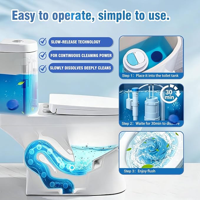 Toilet Bowl Cleaner Tablets for Tank – Automatic Toilet Tank Cleaner Tablets, Blue Toilet Tablets for Hard Water & Toilet Ring Removal, Deodorizing Toilet Tablets, Septic Safe, 300 Flushes, 12 Pack