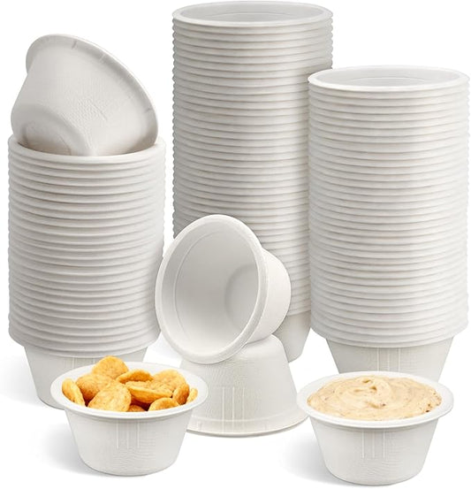 LeonBach 100 Pack Natural Bagasse Fiber Bowls 2oz Disposable Paper Cups Microwavable Safe Sample Snack Charcuterie Serving Cups Disposable Ramekins for Sauce Portion Condiment Ice Cream, White