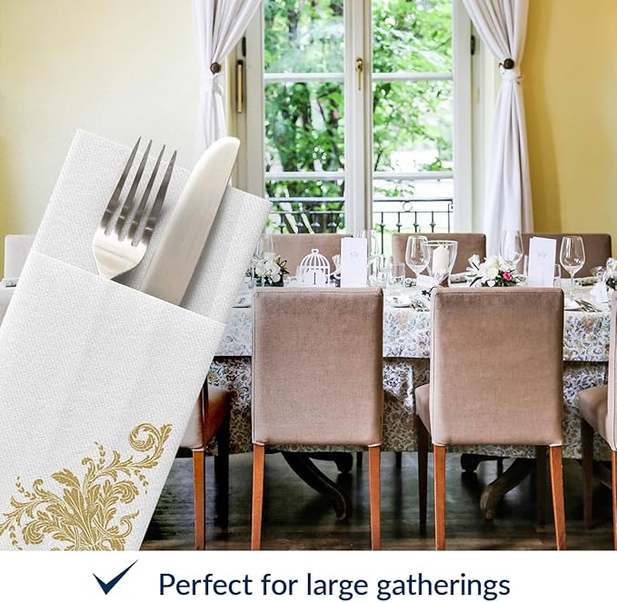 PAW - Linen Feel Napkins with Built-in Flatware Pocket, Soft and Absorbent Paper Pre-Folded Napkins with Golden Ornament, Elegant Guest Towels, Wedding Party, Dinner, Birthday, Gatherings, 50 Count