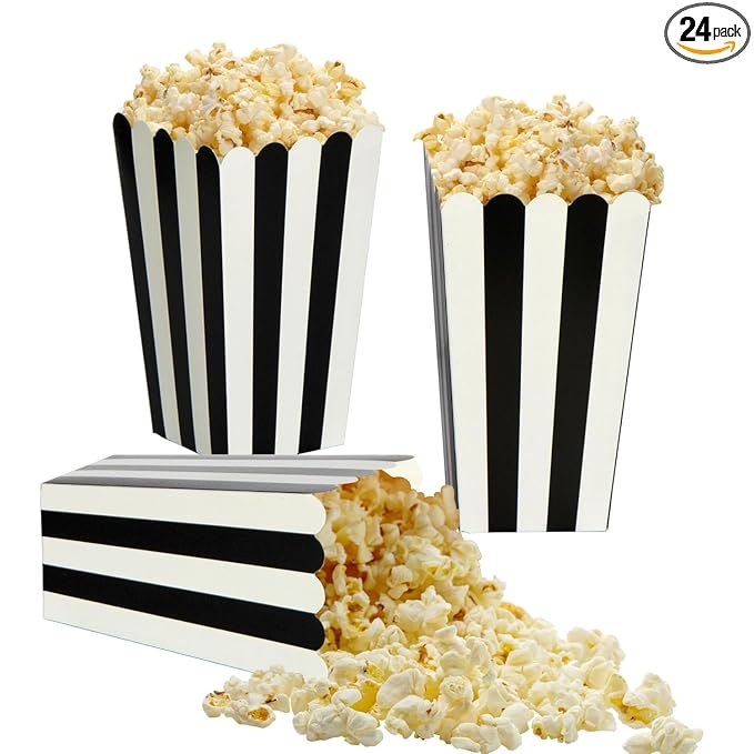 XIEHE 24 Pack Striped Popcorn Boxes - Carnival Parties Mini Paper Popcorn and Candy Containers, Party Supplies for Movie Nights (Black)