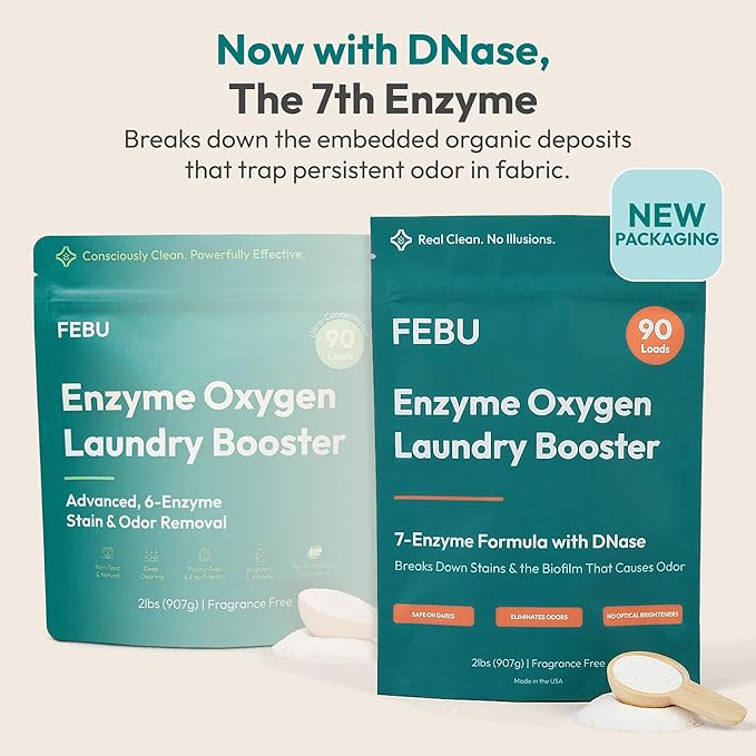 FEBU Enzyme Oxygen Laundry Booster | 7-Enzymes Including DNase | Odor Eliminator & Stain Remover for Sweat, Pet & Musty Odors | Concentrated Powder, Hypoallergenic, USA-Made | Fragrance Free, 2lbs