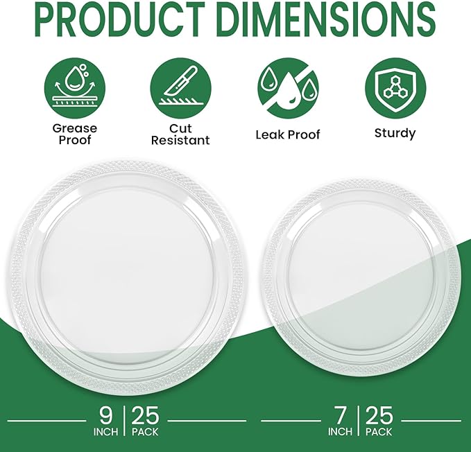LANLISA 50 Pcs Clear Plastic Plates For Party, 25-9" & 25-7" Disposable Cake Dessert Plates For Birthday, Baby Shower, Graduation Decorations, New Years Dinner