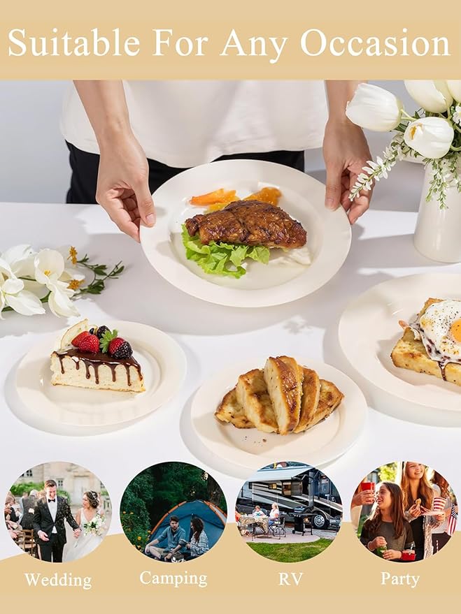 WDF 200PCS Ivory Plastic Plates - Elegant Ivory Disposable Plates for Party- Include 100 Dinner Plate 10inch and 100 Plastic Dessert Plate 7inch Perfect for Party/Baby Shower/Wedding/Birthday