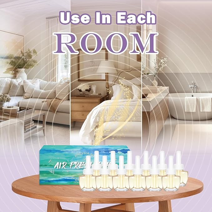 Plug In Air Fresheners for Home – 12 Pack Scented Refills with 1 Plug In Warmer – Linen, Lavender, Vanilla, Long Lasting Fresh Air Freshener, Odor Eliminator for Bathroom, Room, House