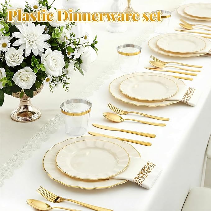 175 Piece Plastic Dinnerware Set Disposable Dinnerware Set for 25 Guests Include 50 Plastic Plates 25 Silverware Set 25 Cups and 25 Napkins for Party Wedding Birthday（White and Gold）