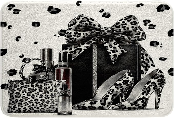 Black Leopard Bowknot Kids Bath Mats,High-Heeled Shoe Perfume Bow Tie Mats Rugs for Girls,Cheetah Skin Abstract Modern Bath Carpets,Noble Chic Bath Rugs,Absorbent Floor Mats,20Wx32L Inches