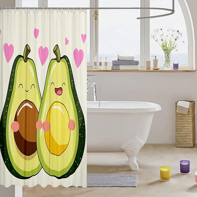 Manfei Kids Kawaii Fruit Shower Curtains Cute Avocado Couple Bathroom Curtains for Boy Girls Room Decor, Pink Hearts Print Waterproof Bath Curtains with 12 Hooks Suits for Bathtub, 72" W x 78" L