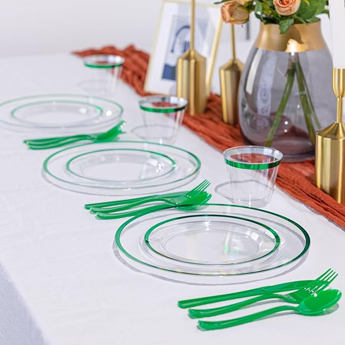 N9R 600PCS Green Plastic Dinnerware Set, Disposable Plastic Plates Includes 100 Dinner Plates, Dessert Plate, Cups, Spoons, Forks, Knives for 100 Guests, Perfect for Party, Wedding, Birthday