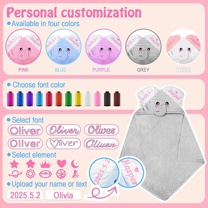 Baosity Custom Elephant Hooded Baby Towel with Name, Personalized Soft Absorbent Bath Towel, Shower Towels for Girls Boys, Easter Christmas Brithday for Kids Baby, Toddler, Newborn Essential