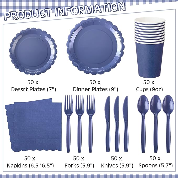 Ziliny 350 Pcs Navy Blue Plates and Napkins, 50 Guest Graduation Party Supplies Include Scalloped Paper Plates Napkins Cups Plastic Spoons Forks Knives Disposable Tableware Set for School Graduate