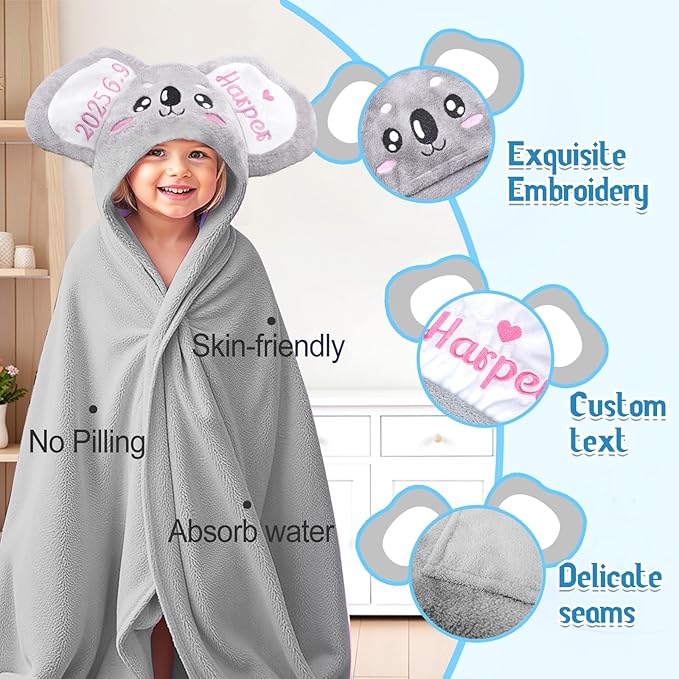 Baosity Custom Hooded Baby Towel with Name, Personalized Soft Absorbent Koala Bath Towel, Shower Towels for Girls Boys, Easter Brithday for Kids Baby, Toddler, Newborn Essential