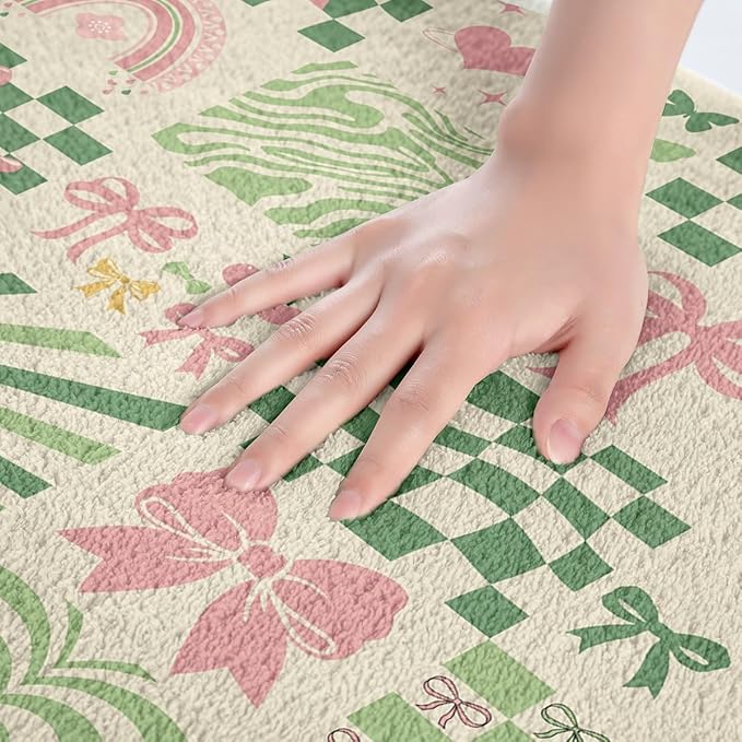 Pink Bowknot Kids Bath Mats,Geometric Plaid Checkerboard Patchwork Mats Rugs for Girls,Rainbow Bow Tie Butterfly Bath Carpets,Green Fashion Bath Rugs,Absorbent Floor Mats,20Wx32L Inches