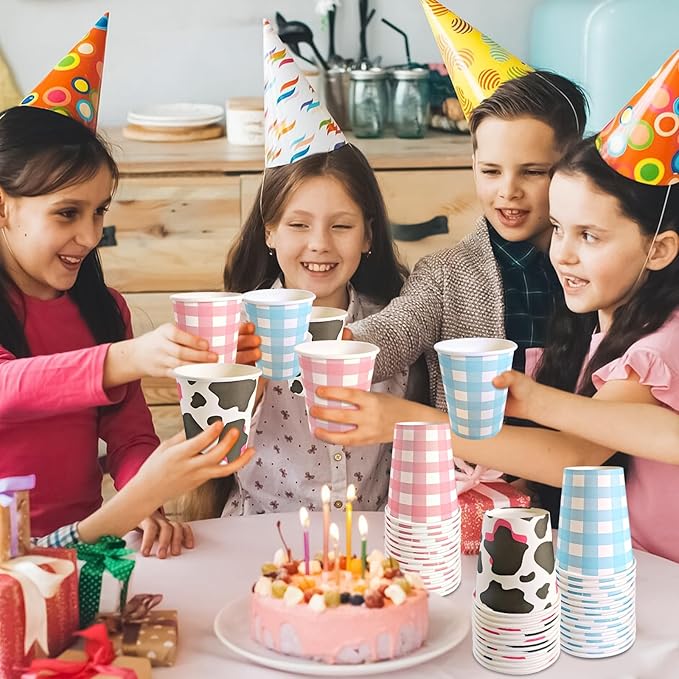 Light Blue and Pink Paper Cups,9 Oz Gingham Light Blue and Pink Disposable Cups,Paper Cups for Birthday Wedding Party Supplies(50 Pcs)
