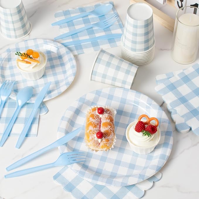 Vyntra 175 Pcs Blue & White Checkered Gingham Paper Plates and Napkins Set for 25, 9" Dinner Plates & 7" Dessert Plate, Baby Boy Shower Birthday Party
