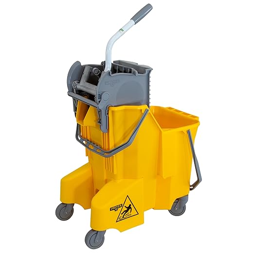 Unger Commercial 8-Gallon Dual-Compartment Mop Bucket with Side Press Wringer – Yellow, Ergonomic Design for Efficient Floor Cleaning COMBY