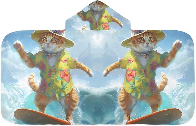 Hooded Towel for Kids Summer Cat Surfing Beach Wrap Bath Towels 50x23.5in