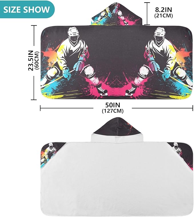 Hooded Towel for Kids Colorful Hockey Player Beach Wrap Bath Towels 50x23.5in