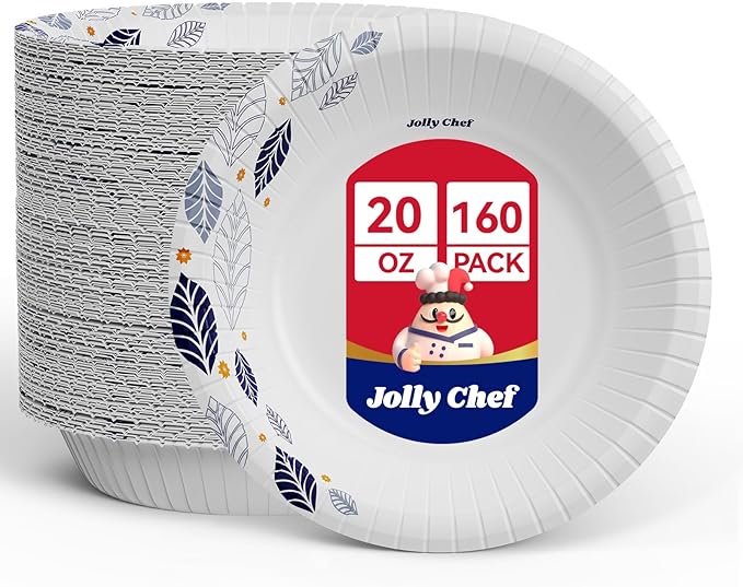 JOLLY CHEF 160 Count Paper Bowls 20 oz Soak Proof and Cut Proof Microwave Safe Heavy Duty Leaf Printed Disposable Bowls for Dinner or Every Day Use