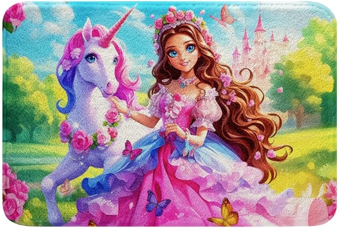Princess Castle Kids Bath Mats,Cartoon Unicorn Butterfly Rose Flowers Mats Rugs for Girls,Tale Western Magical Bath Carpets,Pink Romantic Bath Rugs,Absorbent Floor Mats,16Wx24L Inches