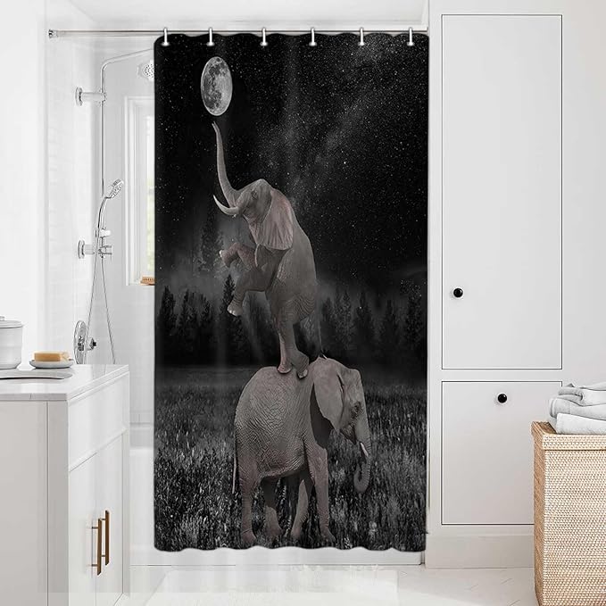 Boziqr Funny Shower Curtains for Bathroom, Cute Elephant Moon Forest Bath Curtain, Rustic Farmhouse Decor Polyester Fabric Fun Cool Animals Black 36 x 70 Inches