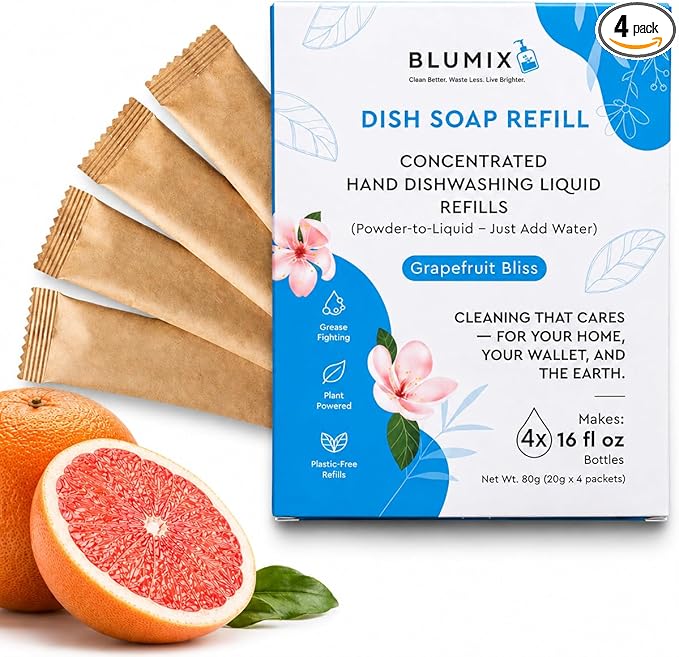 Dish Soap Refill Powder-to-Liquid Concentrate, Just Add Cool Water, Grapefruit Scent, 4 Packets Make 4 x 16 fl oz Bottles, Grease-Fighting, Plastic-Free