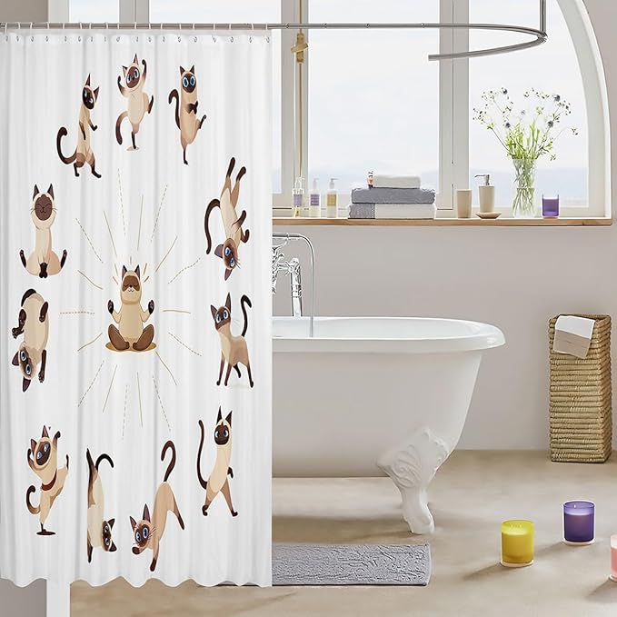 Feelyou Yoga Cat Bath Curtain Siamese Cats Shower Curtain for Stalls Bathtubs Cute Pet Decor Cartoon Animals Bathroom Shower Curtain Set Magical Animal Waterproof Bathroom Curtains 72Wx78L