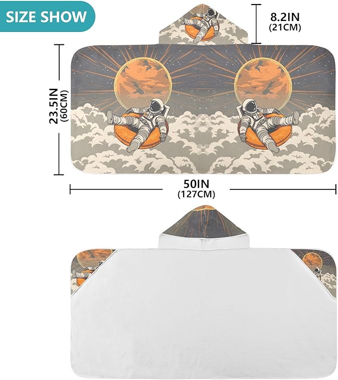 Hooded Towel for Kids Astronaut Sitting in Orange Cushion Floating in The Sky at Sunset Beach Wrap Bath Towels 50x23.5in