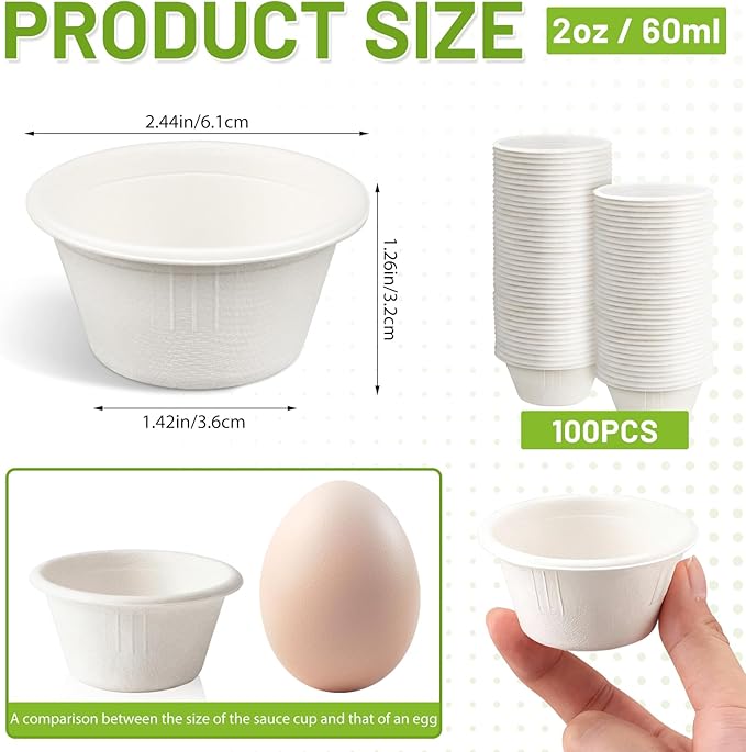 LeonBach 100 Pack Natural Bagasse Fiber Bowls 2oz Disposable Paper Cups Microwavable Safe Sample Snack Charcuterie Serving Cups Disposable Ramekins for Sauce Portion Condiment Ice Cream, White