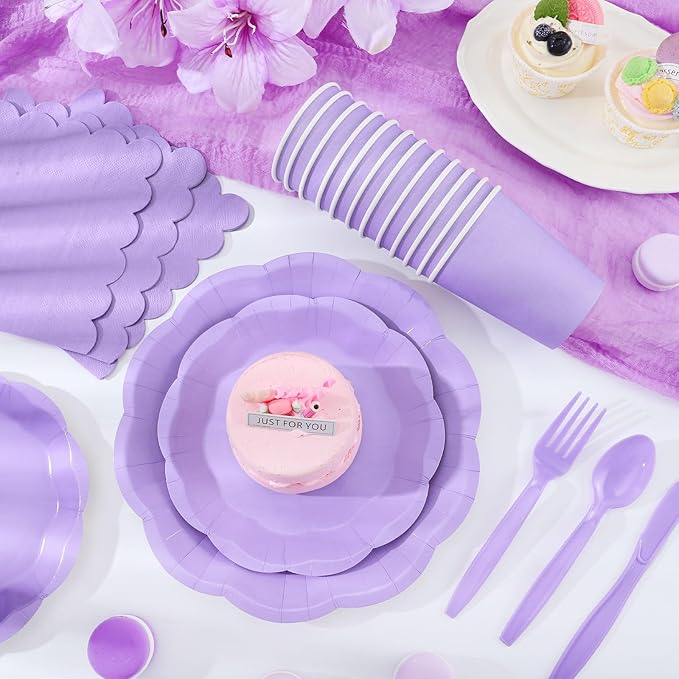 175 Pcs Light Purple Plates and Napkins Set, 25 Guest Purple Party Supplies Include Scalloped Plate Paper Napkin Cup Forks Knives Disposable Plastic Cutlery for Wedding Baby Shower Birthday Party