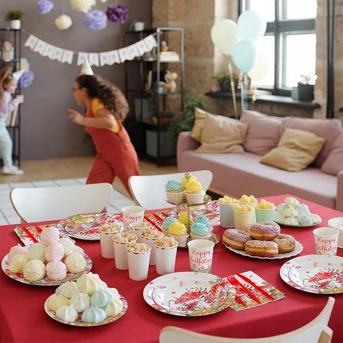 Pickmesh 400 Pcs Mushroom Birthday Party Decoration Set, Disposable Mushroom Paper Plates and Napkins, Cups and Cutlery Supplies Spring Themed Birthday Party Tableware, Serve for 50 Guests