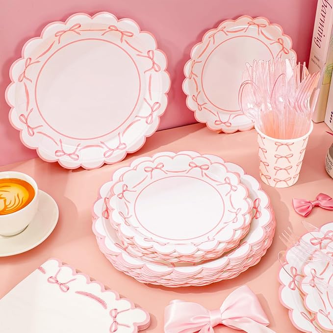 JarThenaAMCS 175Pcs Pink Bow Party Supplies Kit Scalloped Bowknot Tableware Set Disposable Dinnerware Paper Napkin Plate Cup Spoon Fork Knife for 25 Guests Party Favor
