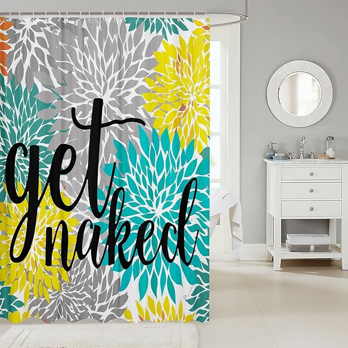 Teal Dahlia Bath Curtain Turquoise Floral Cloth Fabric Bathroom Decor for Couple Lover Funny Quotes Get Naked Shower Curtain Yellow Gray Flowers Waterproof Shower Curtains Set with Hooks 72x72 Inch